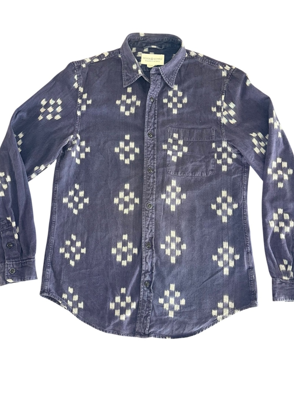 Ralph Lauren Denim + Supply Indigo Button Down Shirt White Geometric Ikat Motif